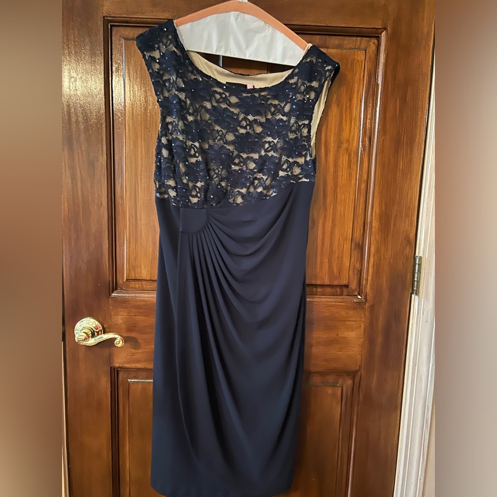 Dress, wedding Guest, Navy Blue with Lace and neutral under.